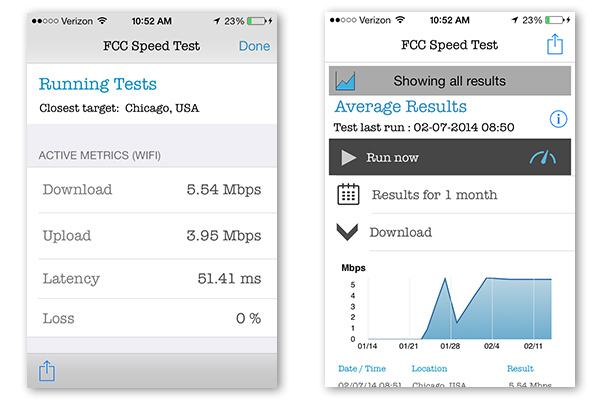 screen captures of the speed test app on an iphone