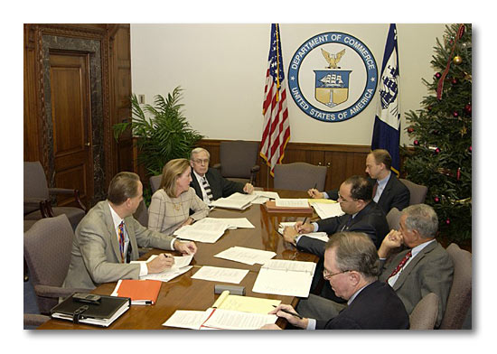 Photo of meeting between Chairman Powell and Assistant Secretary of Commerce Victory to Plan and Coordinate Spectrum Policy