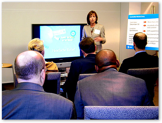 Ms. Lea Ann Champion, Senior Executive Vice President, IP Operations, AT&T, gives demonstration over IP-Video Technology, Irving, Texas.
